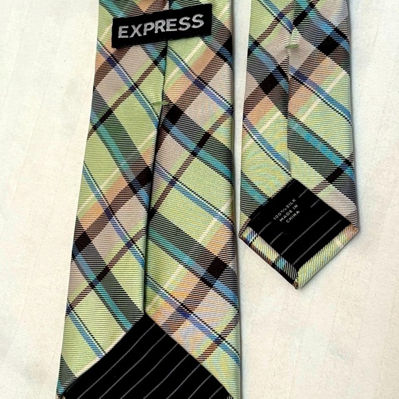 Express Brand Necktie Tie Repp Silk Pastel Plaid Green Blue Pink Mens - Picture 8 of 13